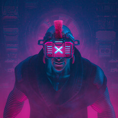 cyberware hacker boss / 3d illustration of science fiction cyberpunk gangster character wearing futu