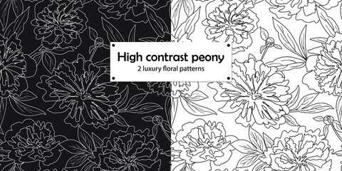 High contrast hand drawn outlined peony on black and white background. Vector illustration seamless floral pattern set for fashion fabric, wrapping paper of wallpaper design #1