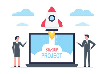 Wall Mural - startup business design concept with rocket. business people launching rocket. startup business conc