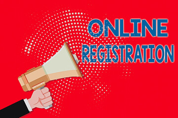 Fototapete - Writing note showing Online Registration. Business concept for System for subscribing or registering via the Internet Male Hu analysis Hand Holding Megaphone on Halftone Pattern