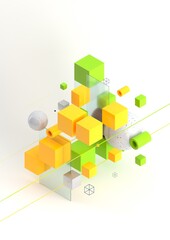 Poster - Abstract 3d render visualization background, template modern composition of geometric shapes in isometric . Cube, sphere, cylinder, line.