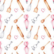 Seamless pattern rolling pin, wooden spoon, pastry bag, cookie cutter, whisk; watercolor hand draw illustration; with white isolated background