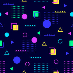 Poster - Trendy geometric background memphis seamless pattern. Abstract modern pattern with blue pink circle yellow triangle square green dots colorful geometric retro vector design decorative memphis seamless
