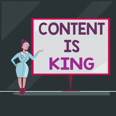 Poster - Writing note showing Content Is King. Business concept for believe that content is central to the success of a website Doctor with Stethoscope Hand Presenting Blank Whiteboard
