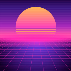 Poster - Retro futuristic background vaporwave. Neon geometric synthwave grid, light space with setting sun abstract cyberpunk design purple 80s disco fantastic vector graphic glow.