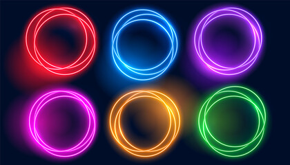 Sticker - set of colorful neon circle glowing frames