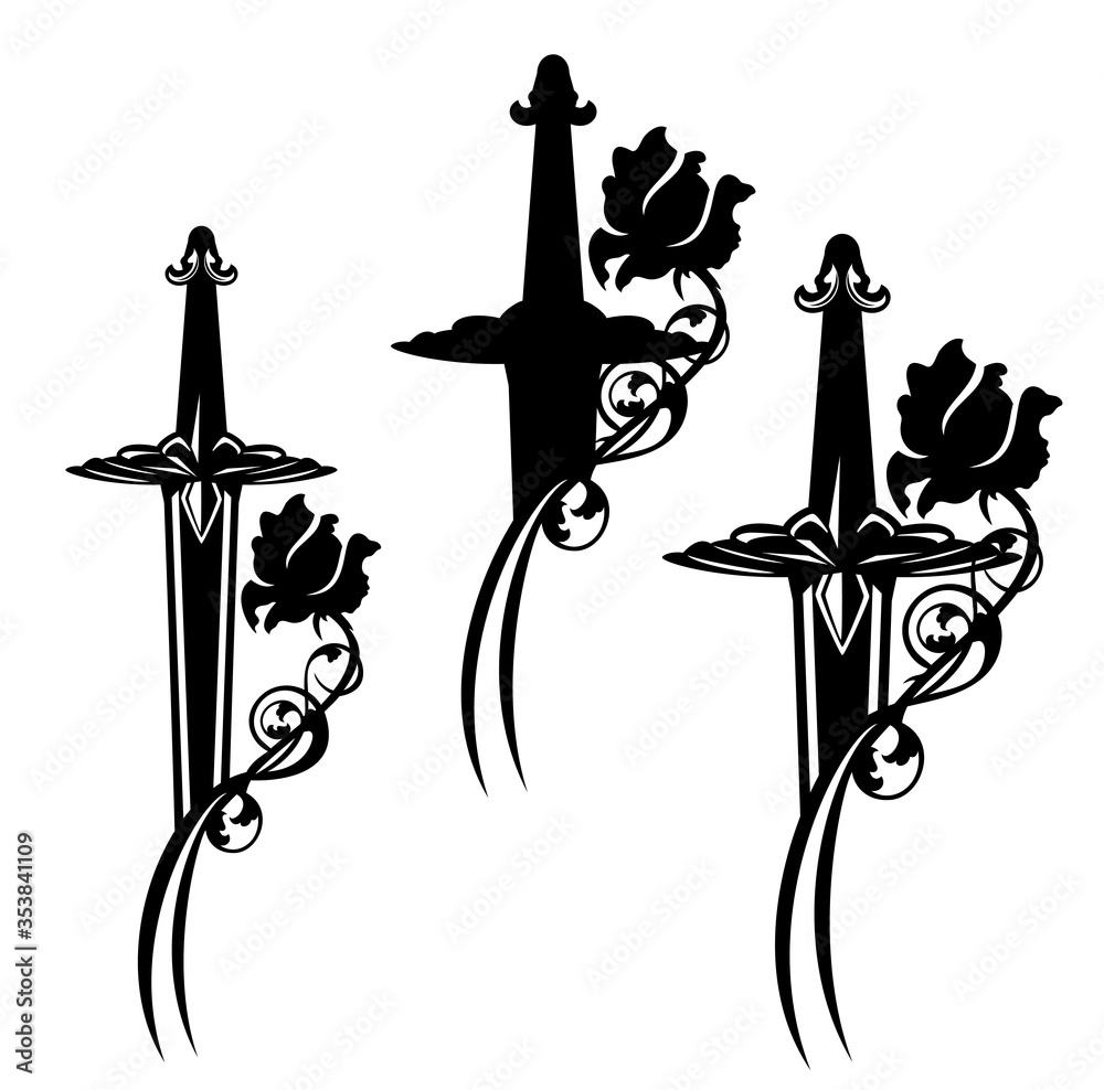 medieval fairy tale knight sword entwined with rose flower black and ...