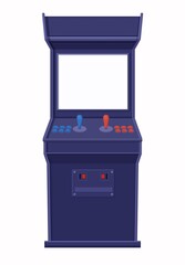 Poster - Arcade game machine template. Retro blue console with blank screen template two joysticks control buttons and panel for tokens, computer vector old school nostalgia.
