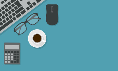 Poster - Flat design illustration of office desk board with computer keyboard, calculator and glasses. Cup of coffee with mouse on green-blue background with space for text, vector
