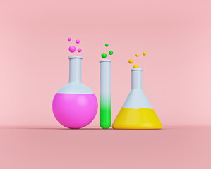 Poster - cartoon style laboratory apparatus. Chemical test tubes icon, symbol. minimal concept. 3d rendering