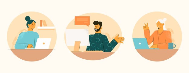 Poster - Happy work at home in quarantine. People work online man conducts video conference with two employees vector girl listens attentively to other smiling shows ok illustration is sitting at home.