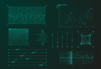 Poster - Set of HUD infographic elements. Sci-fi charts and diagrams for futuristic user interface HUD, UI, GUI. Big data analytics theme. Virtual green graphics. Editable stroke. Vector
