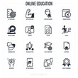 © SilenceVideo - Online education set: mobile app for learning, define level, training schedule, motivation, webinar, testing, communication, on any device, price, certificate. Thin line icons. Vector illustration.