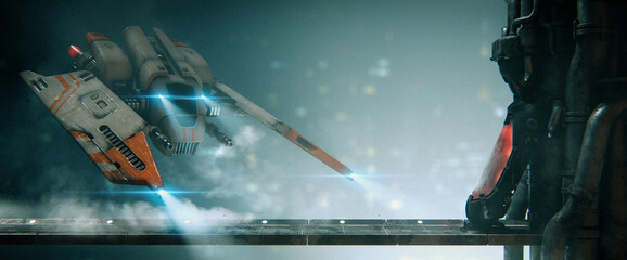 Old scratched metal white orange spaceship hovering over a bridge with a cryo chamber in empty space with volumetric light in an abandoned sci-fi interior. Assault fighter, gunship. 3d illustration.