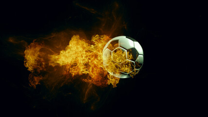 Wall Mural - Soccer ball in fire, isolated dark background. 3d render. 