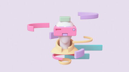 Portrait of young man in yellow jacket with green hair using pink purple virtual reality VR headset. Abstract man wears VR floating in the air sees infographic. Front view. 3d render in pastel colors