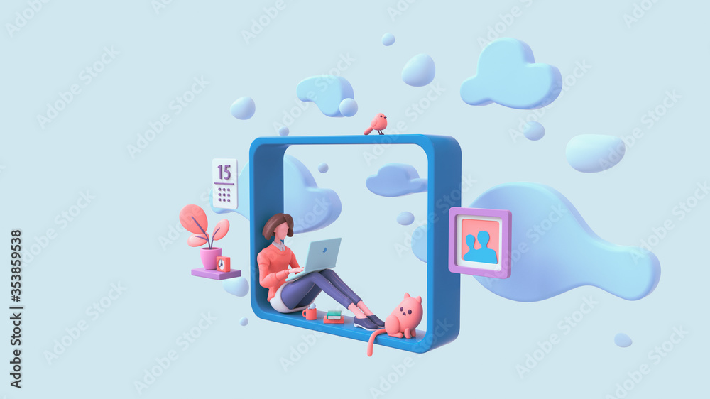 Casual brunette girl working on laptop sitting on window sill at home with view of the sky, blue clouds. Modern teenage room with books, cat, bird, coral color plants. Pastel floating 3d illustration - obrazy, fototapety, plakaty 