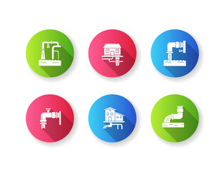 Sticker - Drainage pipe system flat design long shadow glyph icons set. Home sanitation service. Pipeline structure for waste water. House utility. Pipe with liquid. Silhouette RGB color illustration