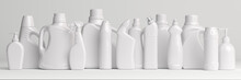 Set Of Detergent Plastic Bottles With Chemical Cleaning Product  On White Background.