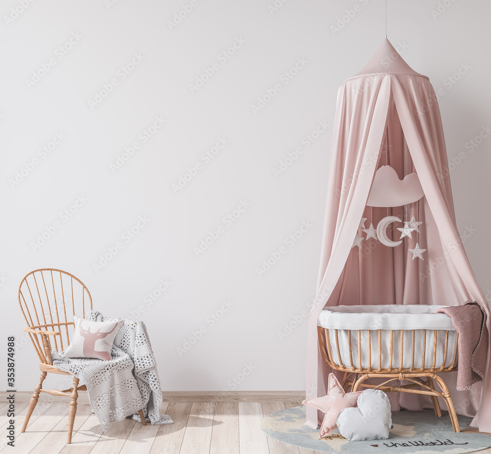 Natural wooden furniture for kids room in Scandinavian interior style, empty wall in bright newborn bedroom, 3D rendering - obrazy, fototapety, plakaty 