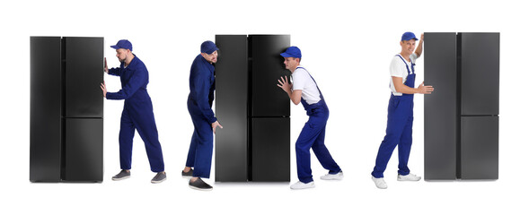 Wall Mural - Collage of workers carrying refrigerators on white background. Banner design