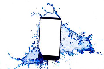 smartphone into blue splashes, isolated on white background