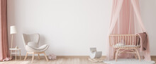 Panoramic Interior For Baby's Room Scandinavian Style, Rattan Crib With Pink Canopy, Beige Armchair And Wooden Toys On Empty Bright Background. Trendy Minimal Design