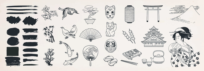 Japanese doodle set. Japanese traditional design elements. Hand drawn vactor illustration.