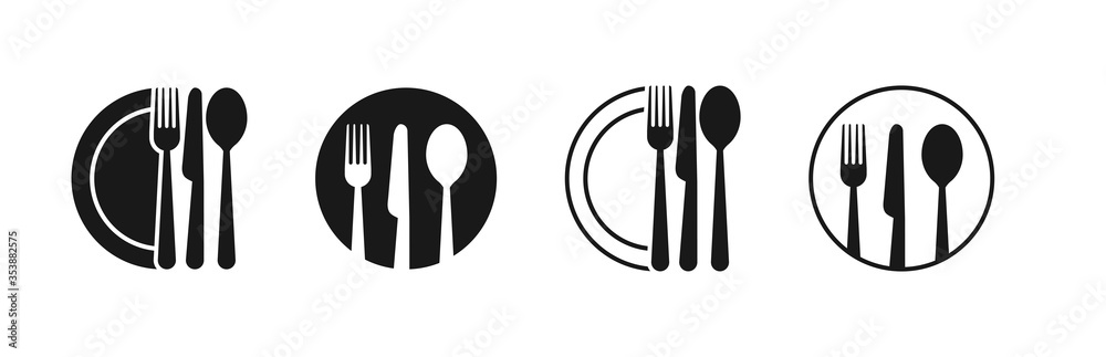 Set of fork, knife, spoon. Logotype menu. Set in flat style. Silhouette of cutlery. Vector illustration - obrazy, fototapety, plakaty 