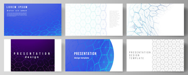 Vector layout of the presentation slides design business templates. Digital technology and big data concept with hexagons, connecting dots and lines, polygonal science medical background.