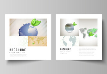 Vector layout of two square format covers design templates for brochure, flyer, cover design, book design, brochure cover. Save Earth planet concept. Sustainable development global business concept.