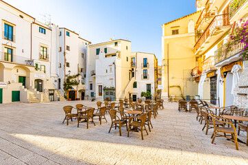 Sperlonga, Italy. January 13, 2015. Tables of a cafeteria in a pretty little square along via S. Leone.