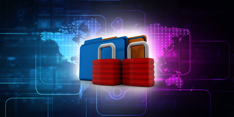 Poster - Yellow folder and lock. Data security concept. 3D rendering