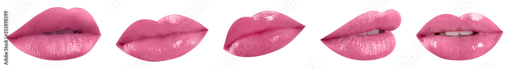 Set of mouths with beautiful makeup on white background, banner design. Glossy pink lipstick - obrazy, fototapety, plakaty 