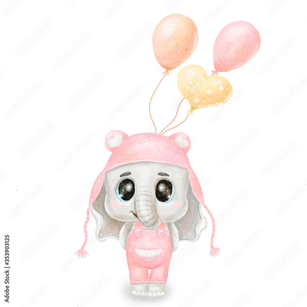 Watercolor baby elephant with balloons and clouds. Baby print or poster ...