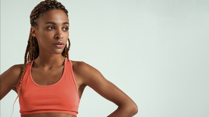 Wall Mural - Sporty beauty. Close up of beautiful young african woman in sports wear looking away while standing against grey background.