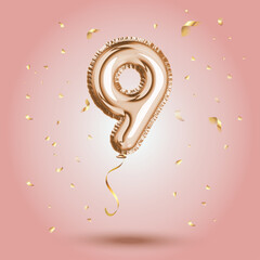 Elegant Pink Greeting celebration nine years birthday Anniversary number 9 foil gold balloon. Happy birthday, congratulations poster. Golden numbers with sparkling golden confetti. Vector