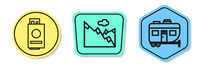 Sticker - Set line Passport with ticket, Mountains and Rv Camping trailer. Colored shapes. Vector.