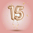 Luxury Pink Greeting celebration fifteen years birthday Anniversary number 15 foil gold balloon. Happy birthday, congratulations poster. Golden numbers with sparkling golden confetti