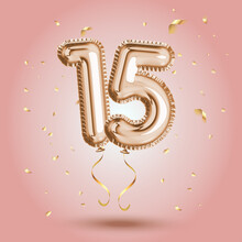 Luxury Pink Greeting Celebration Fifteen Years Birthday Anniversary Number 15 Foil Gold Balloon. Happy Birthday, Congratulations Poster. Golden Numbers With Sparkling Golden Confetti
