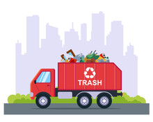 Garbage Removal By Truck From The City. Flat Vector Illustration.