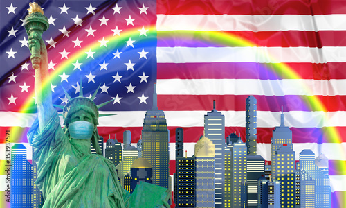 Fotografía Surgical mask on Statue of Liberty in New York Coronavirus lockdown