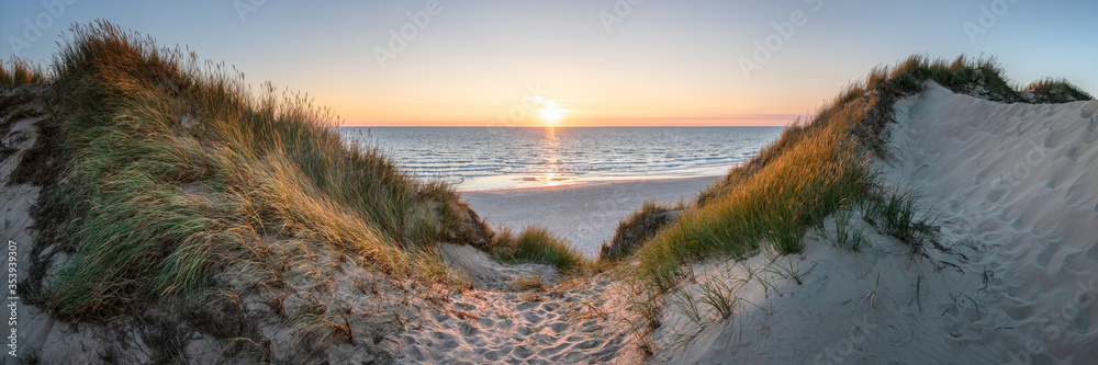 Dune beach panorama at sunset - obrazy, fototapety, plakaty 