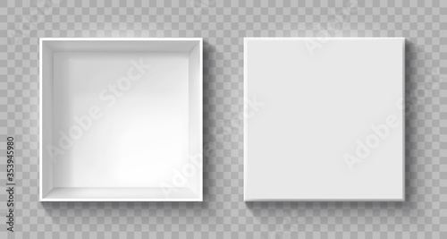 Fotografía Open and close gift boxes, white square box top view, container mockup, empty ca