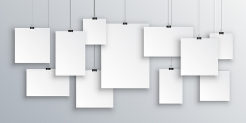 Poster - Concept gallery portfolio, photo frame paper, poster. Creative of blank posters hanging list with shadows. Hanging white paper on binders. A4 paper page, mockup, sheet on wall - stock vector