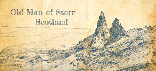 Canvas Print - Old Man of Storr in Scotland, sketch on old paper