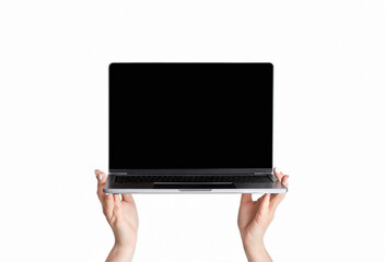 Female hands holding laptop computer with empty screen, isolated on white. Space for website template