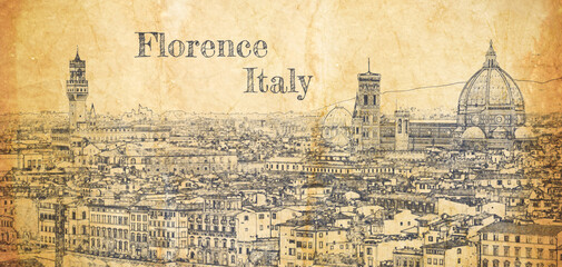 Wall Mural - Architecture in Florence, Italy, sketch on old paper