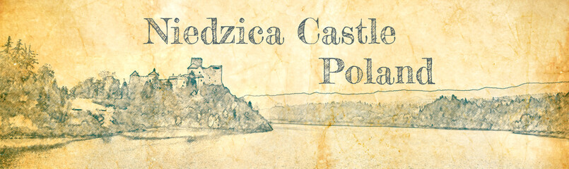 Wall Mural - Niedzica castle by lake, sketch on old paper