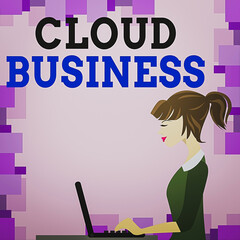 Poster - Word writing text Cloud Business. Business photo showcasing internetbased delivery of services made available to users photo of Young Busy Woman Sitting Side View and Working on her Laptop